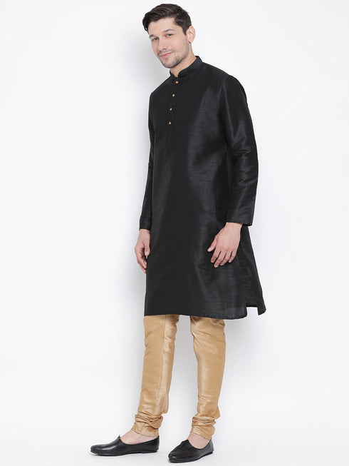 VM BY VASTRAMAY Men's Black Cotton Silk Blend Kurta and Pyjama Set
